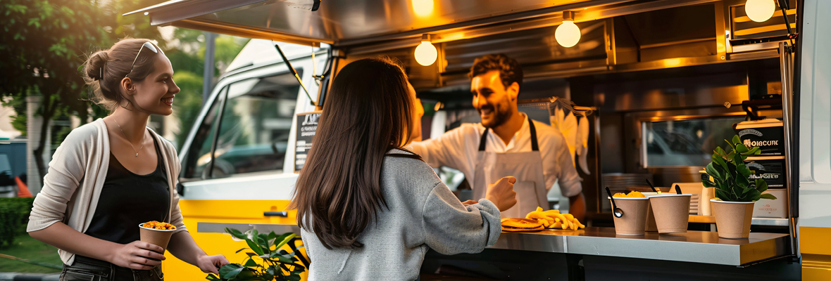 Food Truck mit Pommes, Currywurst, Bratwurst