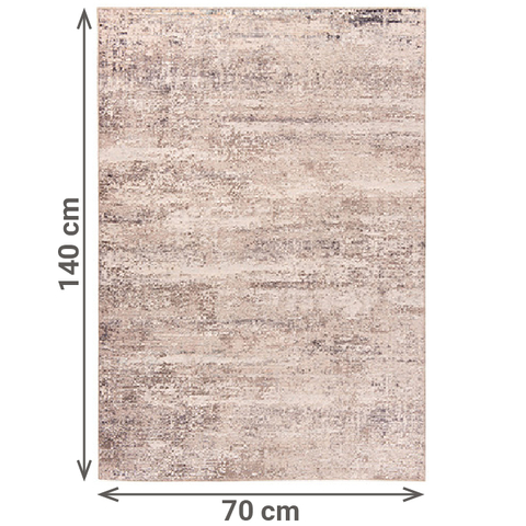 Rechteckiger Teppich in Beige- und Brauntönen mit meliertem, modernem Muster. Die Oberfläche wirkt flach gewebt mit dezenter Struktur. Der Teppich ist von oben fotografiert, mit Maßangaben: 140 cm Länge und 70 cm Breite.
