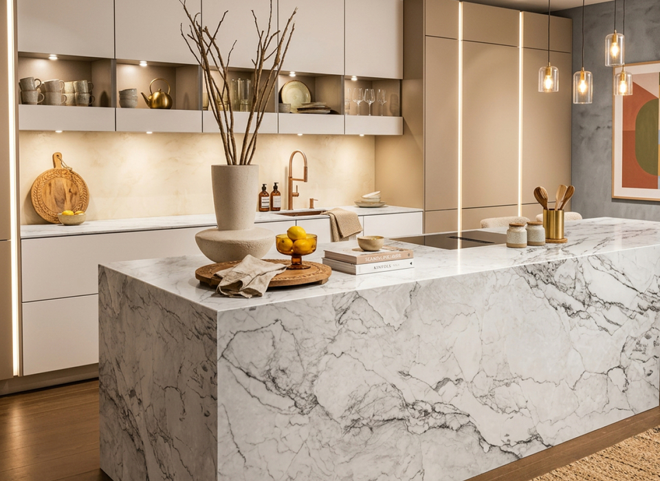 Moderne K&uuml;che mit Naturstein Arbeitsplatte Angebot