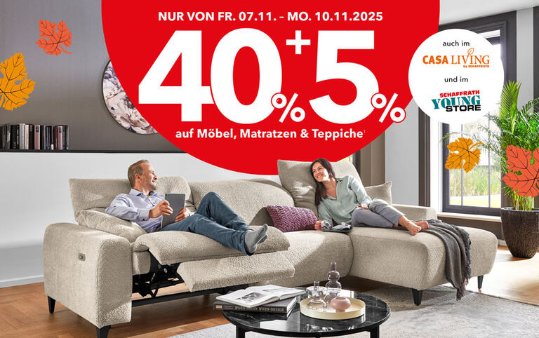 40 + 5 Prozent Rabatt auf Moebel, Matratzen und Teppiche