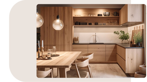Gemütliche Küche im Holzdesign mit warmem Licht. Eine Holz-Eckküche mit schwarzer Arbeitsplatte und offenen Regalen, auf denen Geschirr und Dekorationen stehen. Ein Essbereich mit Holztisch, Stühlen und dekorativen Kerzen ist ebenfalls sichtbar. Zwei runde Pendelleuchten hängen über dem Tisch und verleihen dem Raum eine wohnliche Atmosphäre