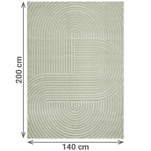 Rechteckiger Teppich in hellem Salbeigrün mit modernem, geometrischem Linienmuster in Weiß. Die geschwungenen Linien formen symmetrische Bögen und Halbkreise, die sich zu einem abstrakten Design verbinden. Das Bild zeigt den Teppich von oben mit Maßangaben: 200 cm Länge und 140 cm Breite.