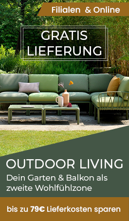 Werbebanner mit Gartensofa vor grünem Hintergrund. Text: Gratis Lieferung – Outdoor Living: Dein Garten & Balkon als zweite Wohlfühlzone – bis zu 79 € Lieferkosten sparen.