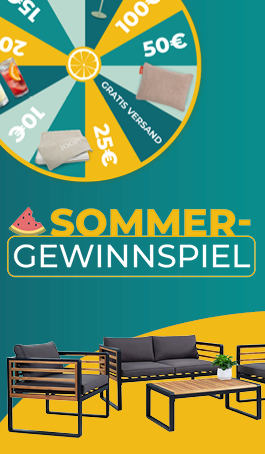 Grafik eines Sommer-Gewinnspiels mit Glücksrad. Auf dem Rad sind verschiedene Preise zu sehen, darunter Einkaufsgutscheine (15 €, 20 €, 25 €, 30 €, 50 €, 100 €), ein Gratis-Versand, ein Kissen und ein Erfrischungsgetränk. Darunter steht in großer Schrift ‚Sommer-Gewinnspiel‘ mit einem Wassermelonen-Symbol. Im unteren Bereich ist ein modernes Gartenmöbel-Set mit Tisch, Sofa und Sesseln abgebildet. | Die Gutscheine sind gültig für einmalige Bestellungen im Schaffrath Onlineshop (http://www.schaffrath.com) unter Berücksichtigung der unten genannten Mindesteinkaufswerte. Die Einlösung des Gutscheins erfolgt durch Eingabe des Gutscheincodes, der Ihnen beim Glücksrad-Gewinn angezeigt bzw. separat als E-Mail zugeschickt wurde, im Warenkorb. Eine Barauszahlung ist nicht möglich. Der Gewinn ist nicht erstattungsfähig und/oder umtauschbar. Nicht mit anderen Aktionen kombinierbar. Einlösbar bis zum 07.09.2025. Folgende Preise werden vergeben: Gratis Versand (ab 19 Euro Mindesteinkaufswert), 5 Euro Onlineshop-Gutschein (ab 49 Euro Mindesteinkaufswert), 10 Euro Onlineshop-Gutschein (ab 99 Euro Mindesteinkaufswert), 15 Euro Onlineshop-Gutschein (ab 149 Euro Mindesteinkaufswert), 20 Euro Onlineshop-Gutschein (ab 199 Euro Mindesteinkaufswert), 25 Euro Onlineshop-Gutschein (ab 249 Euro Mindesteinkaufswert), 50 Euro Onlineshop-Gutschein (ab 499 Euro Mindesteinkaufswert), 100 Euro Onlineshop-Gutschein (ab 999 Euro Mindesteinkaufswert), 005289000604000 Stoov Wärmekissen Ploov S1 beige (zweimal), 003299003200000 JOOP! Wohndecke sand-pergament (dreimal), 002903020007000 Nachtmann Becherset 12tlg. (dreimal), 003888034903000 JUST LIGHT. LED-Akku-Tischleuchte 1flg grün (zehnmal), Zusätzlich verlosen wir unter allen Teilnehmenden, die sich im Aktionszeitraum mit einem Double-Opt-In für unseren Newsletter angemeldet haben bzw. bereits vorher angemeldet waren, ein 4-teiliges Outdoor Garten-Set (Artikel-Nr.: 004620004200000). Auch bei der Verlosung gilt: Eine Auszahlung des Gewinns in bar oder als Gutschrift ist nicht möglich. Der Gewinn ist nicht erstattungsfähig und/oder umtauschbar. Hier kommen Sie zu den weiteren Teilnahmebedingungen und den Datenschutzhinweisen.