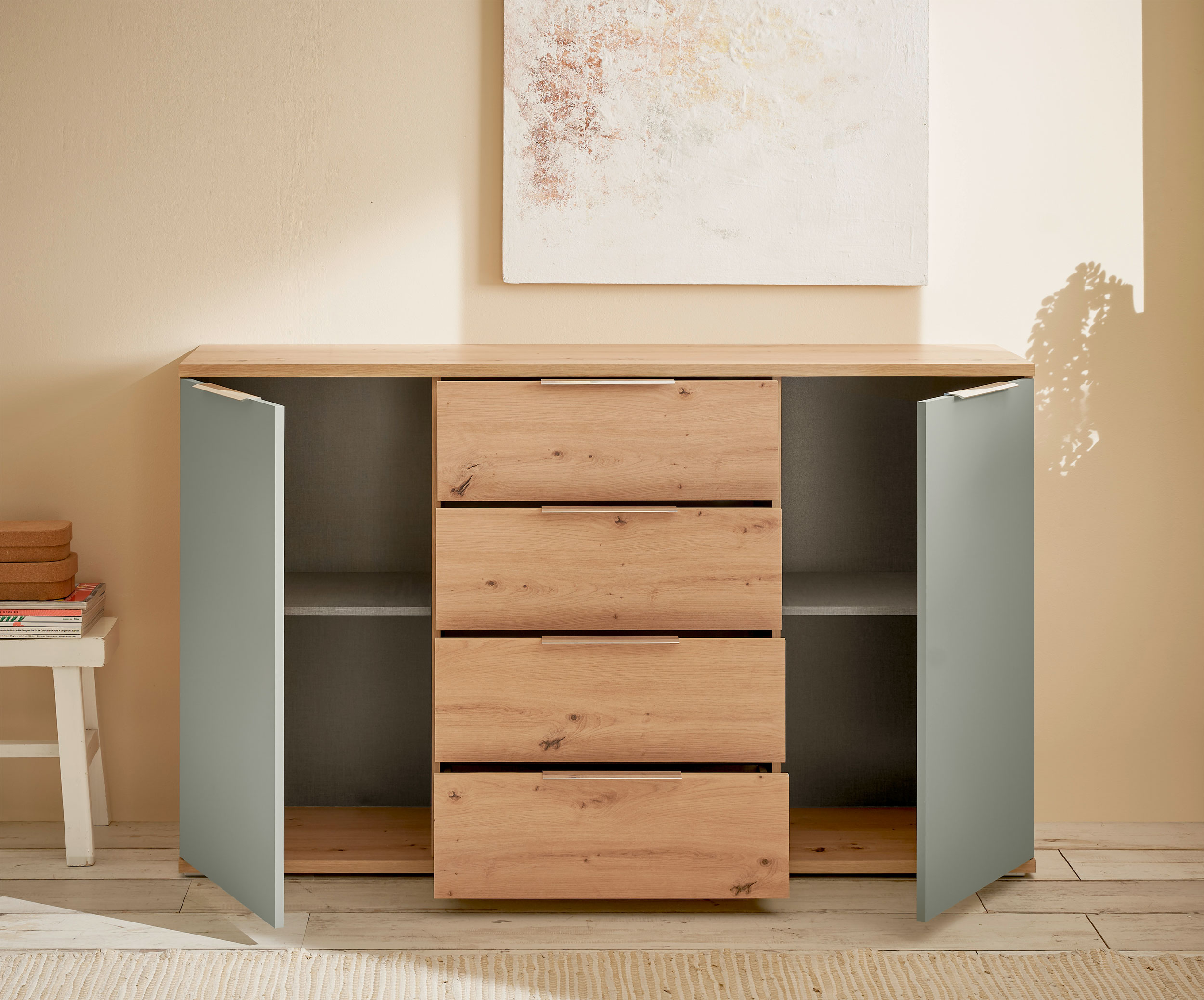Kommode beige grün Holz dekor